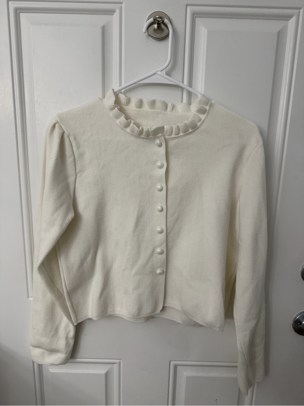 Classic Cream Ruffle-Neck Button Cardigan - Women's Top